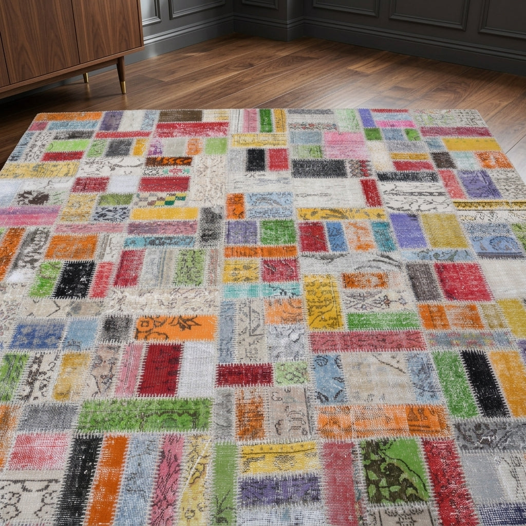 Tribal pattern on the Angin vintage patchwork area rug – handmade in Anatolia, Turkey
