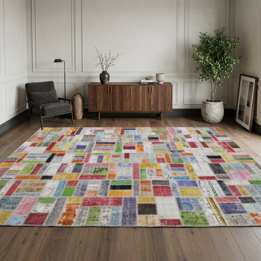 Tribal pattern on the Angin vintage patchwork area rug – handmade in Anatolia, Turkey
