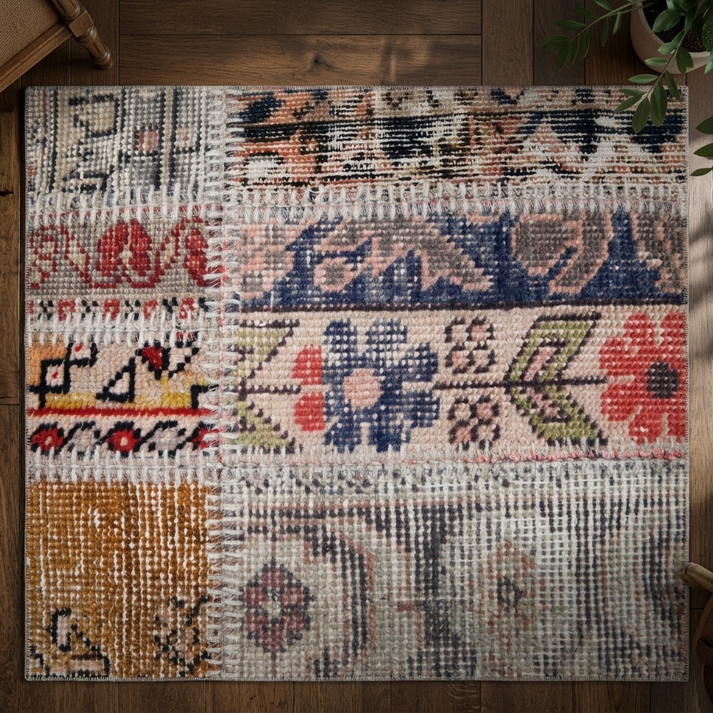 Tribal pattern on the Anemozoe vintage patchwork area rug – handmade in Anatolia, Turkey