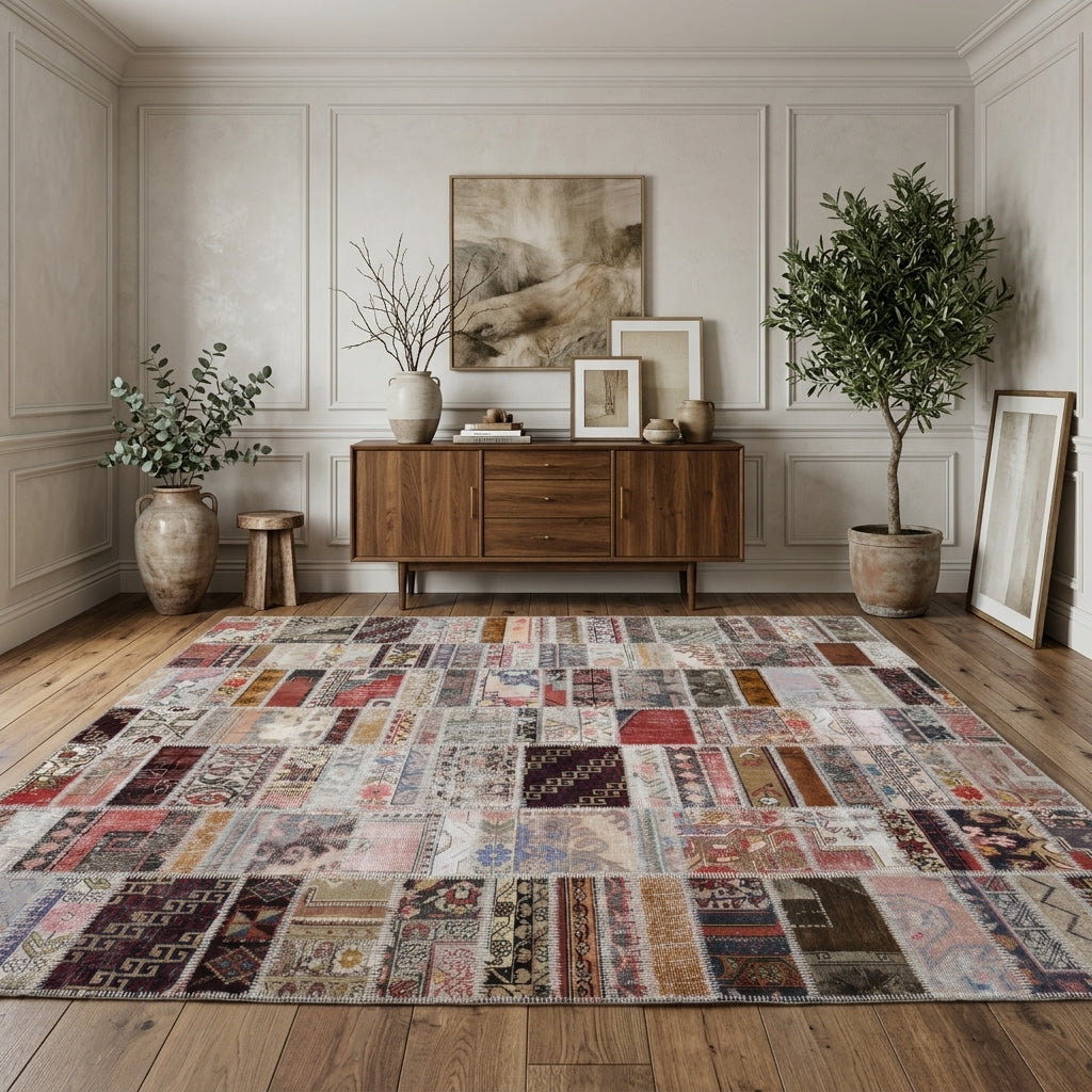Tribal pattern on the Anemozoe vintage patchwork area rug – handmade in Anatolia, Turkey
