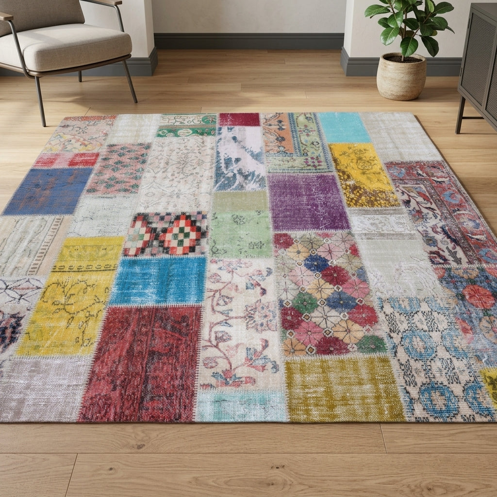 Tribal pattern on the Anemokleia vintage patchwork area rug – handmade in Anatolia, Turkey