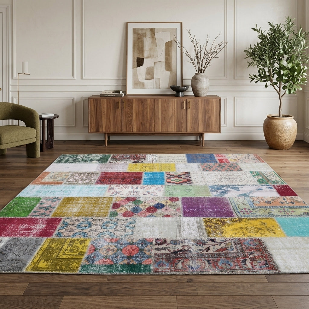 Tribal pattern on the Anemokleia vintage patchwork area rug – handmade in Anatolia, Turkey