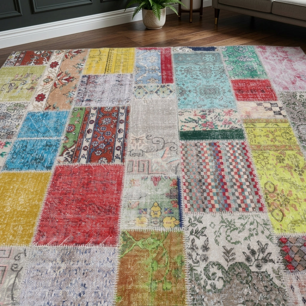 Floral pattern on the Ambrosthene vintage patchwork area rug – handmade in Anatolia, Turkey