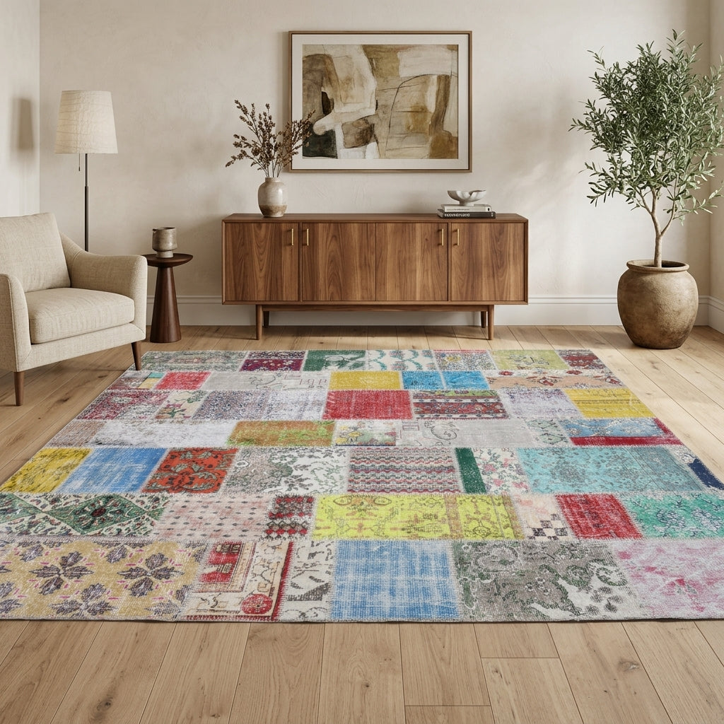 Floral pattern on the Ambrosthene vintage patchwork area rug – handmade in Anatolia, Turkey