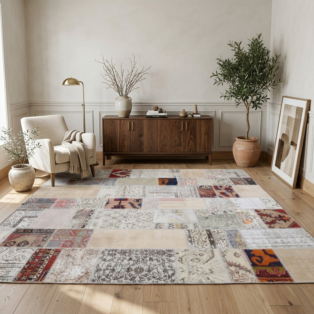 Tribal pattern on the Ambrolyra vintage patchwork area rug – handmade in Anatolia, Turkey