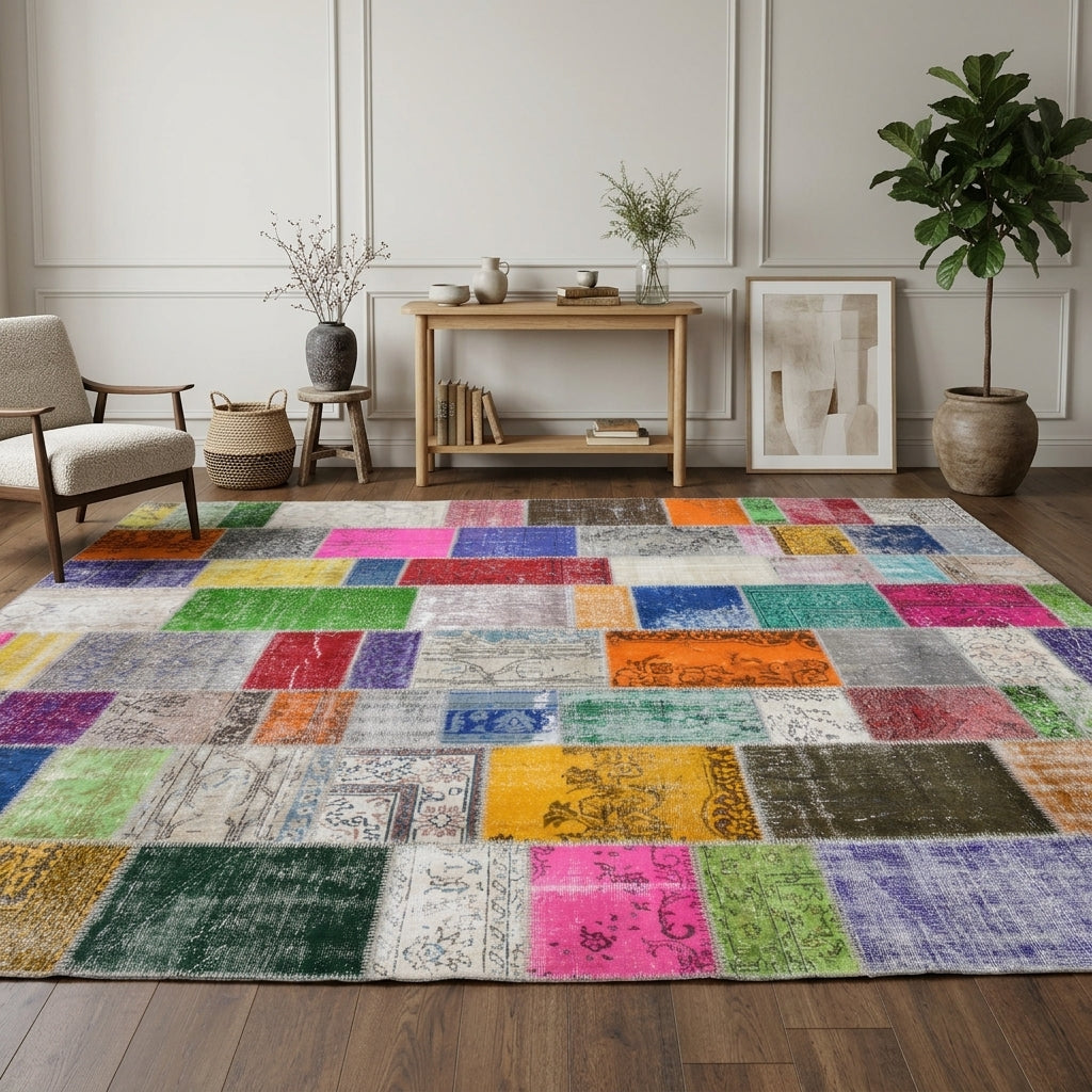 Tribal pattern on the Ambrodora vintage patchwork area rug – handmade in Anatolia, Turkey