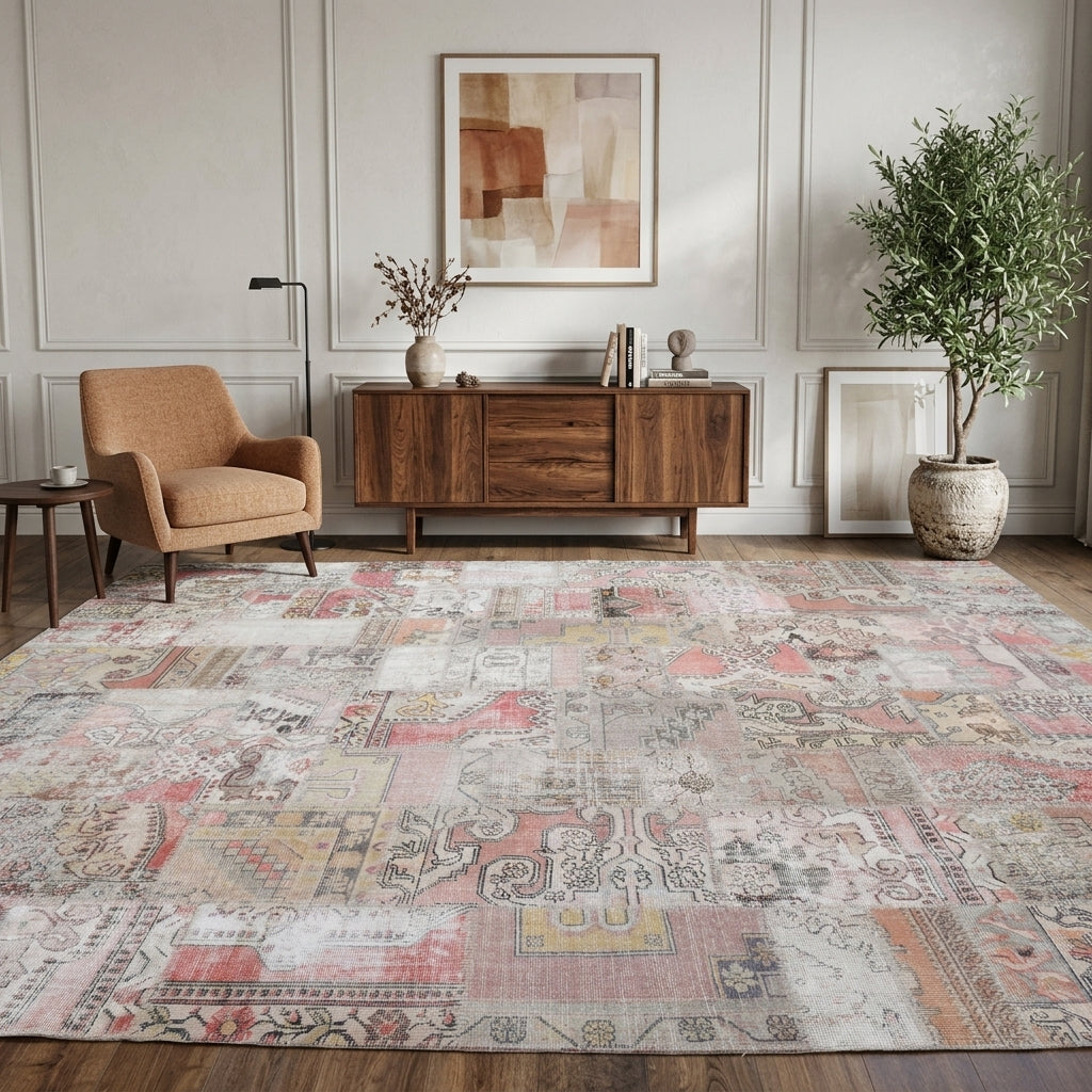 Tribal pattern on the Amaranthsthene vintage patchwork area rug – handmade in Anatolia, Turkey