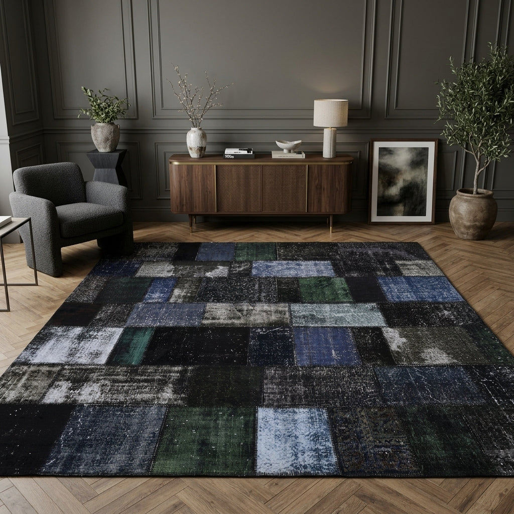 Ombre pattern on the Amaranthaura vintage patchwork area rug – handmade in Anatolia, Turkey