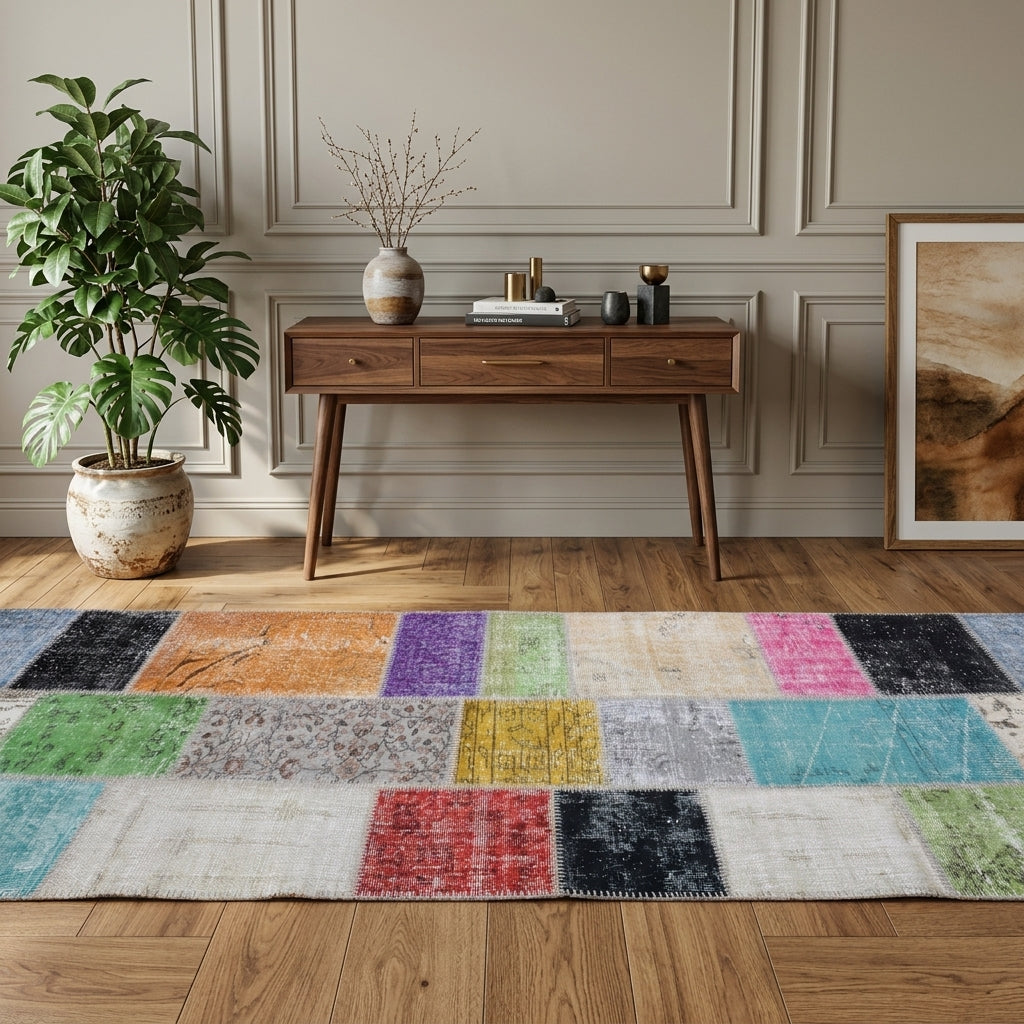 Tribal pattern on the Alevsad vintage patchwork area rug – handmade in Anatolia, Turkey
