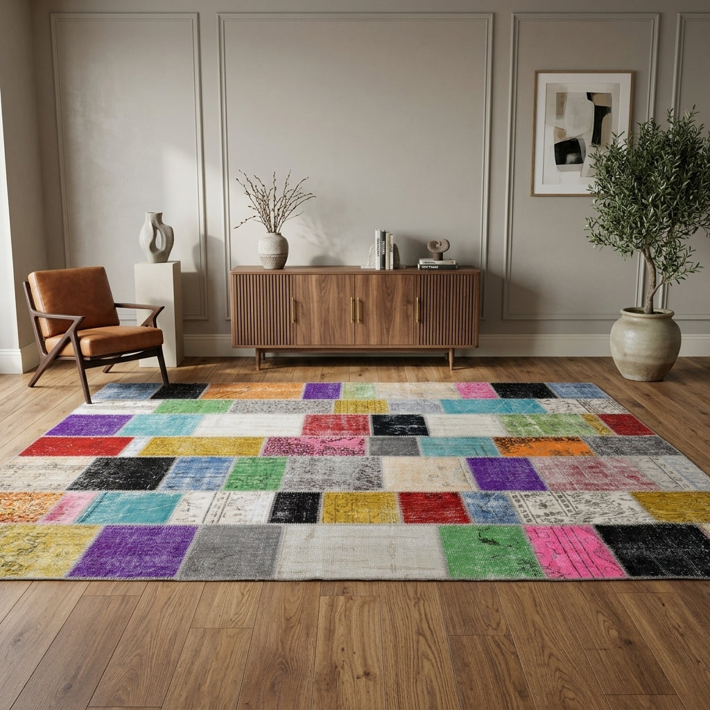 Tribal pattern on the Alevsad vintage patchwork area rug – handmade in Anatolia, Turkey
