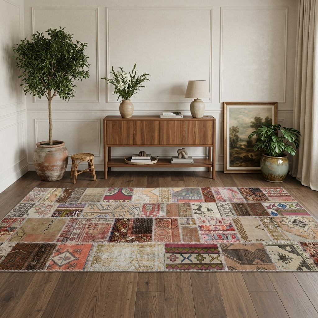 Tribal pattern on the Akikter vintage patchwork area rug – handmade in Anatolia, Turkey