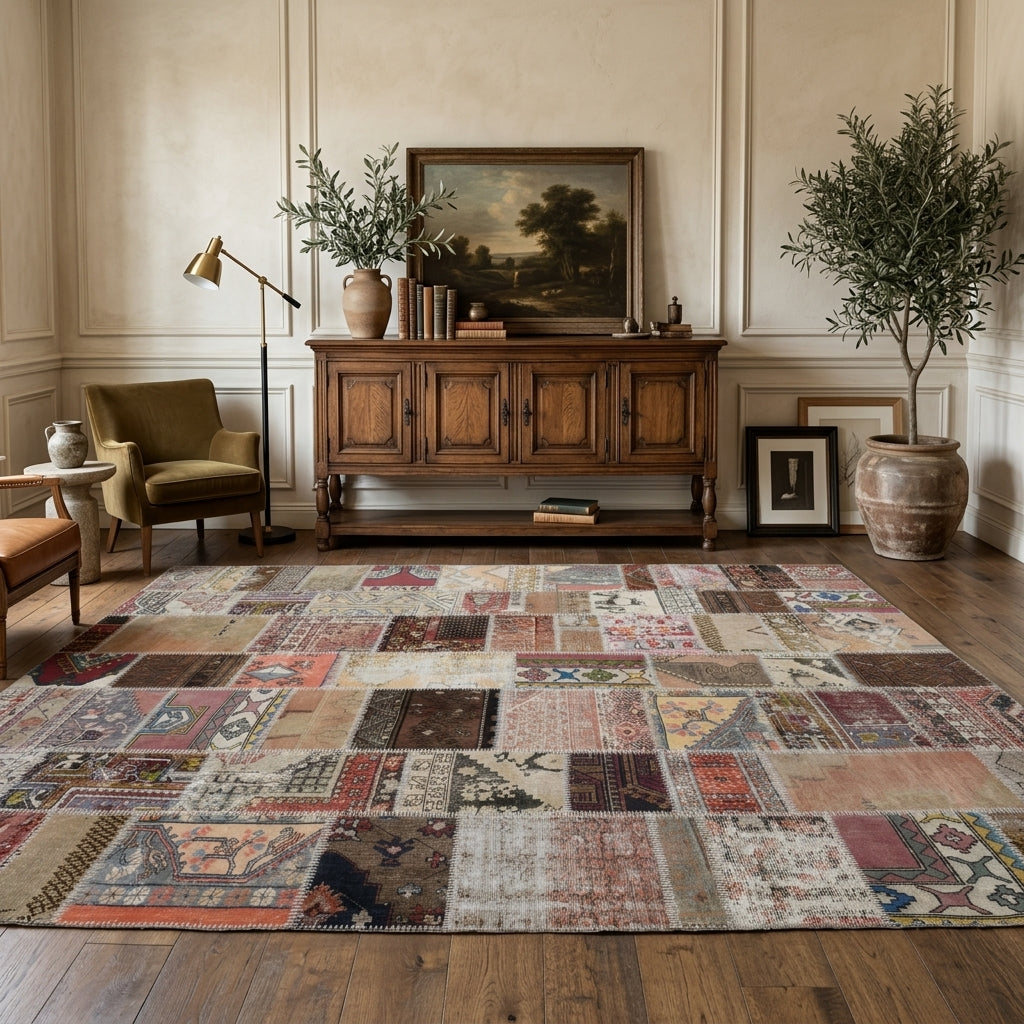 Tribal pattern on the Akikter vintage patchwork area rug – handmade in Anatolia, Turkey