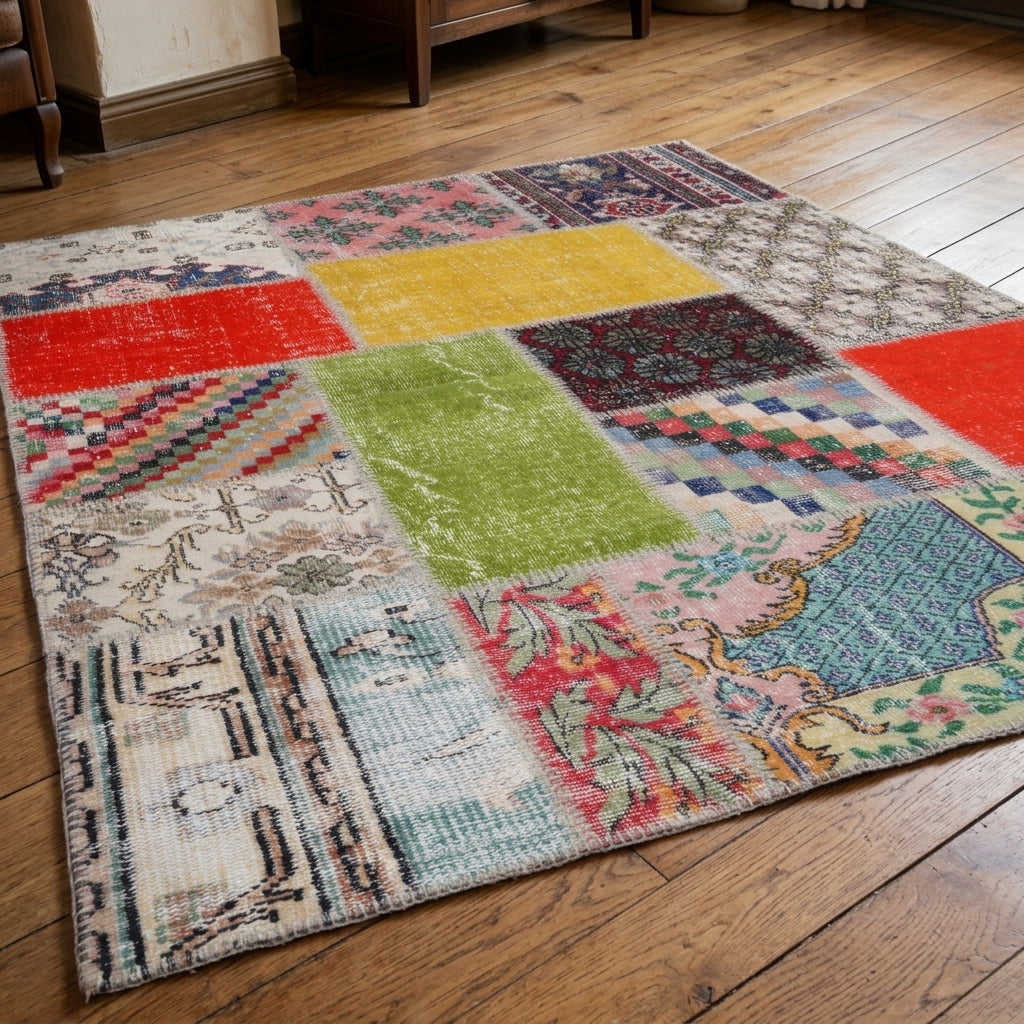 Patchwork pattern on the Ceylanyaz vintage patchwork area rug – handmade in Anatolia, Turkey