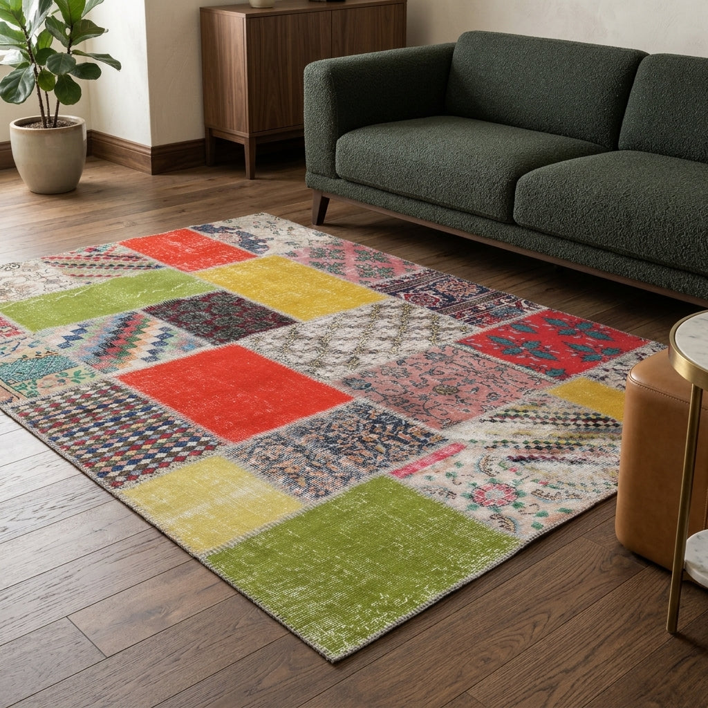 Patchwork pattern on the Ceylanyaz vintage patchwork area rug – handmade in Anatolia, Turkey