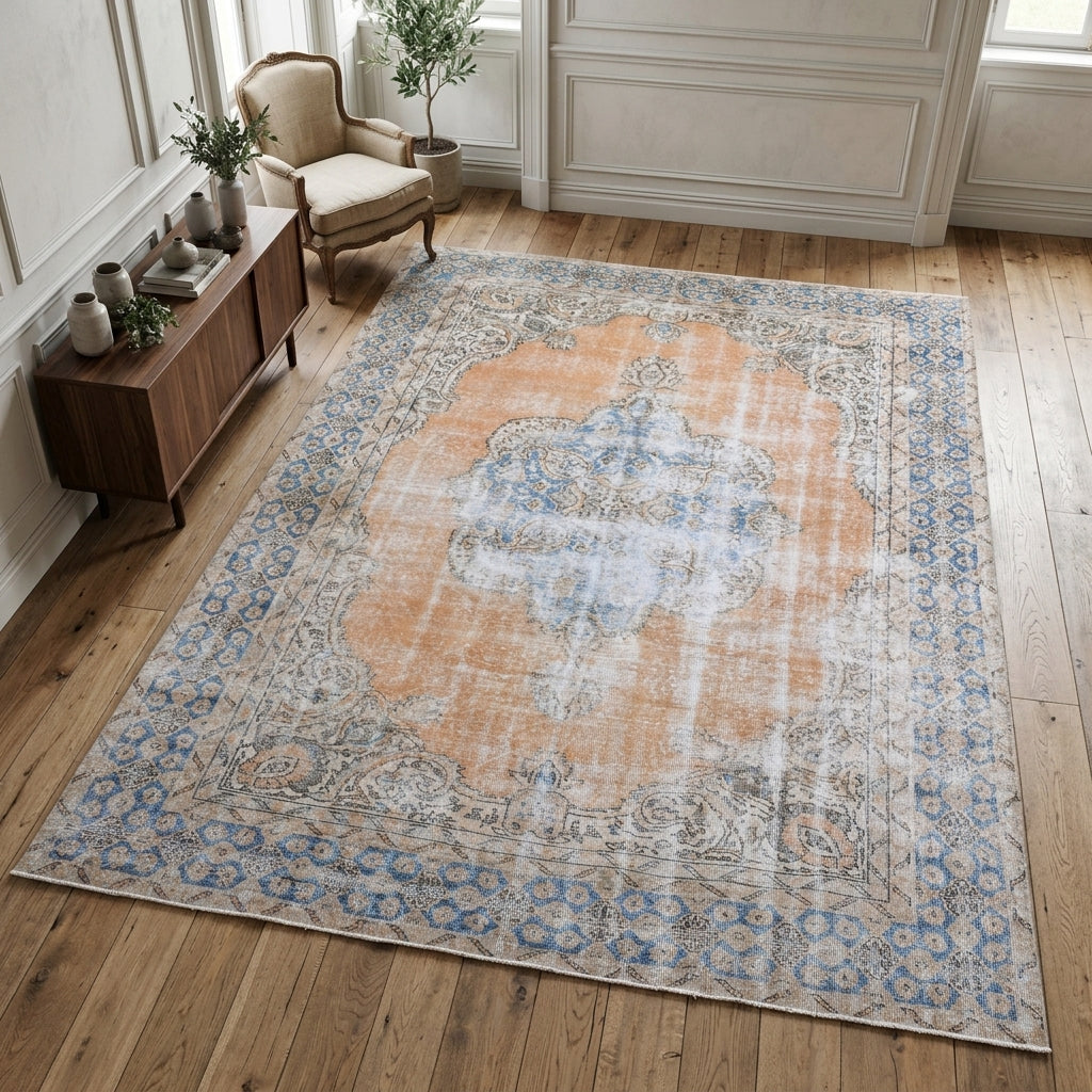 Oriental pattern on the Agathanthe distressed vintage area rug – handmade in Anatolia, Turkey