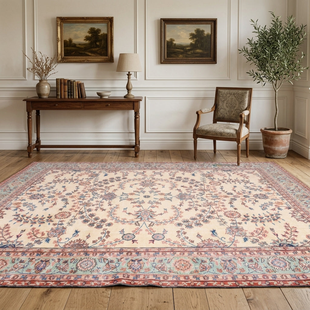 Bordered and floral pattern on the Adaisik vintage area rug – handmade in Anatolia, Turkey