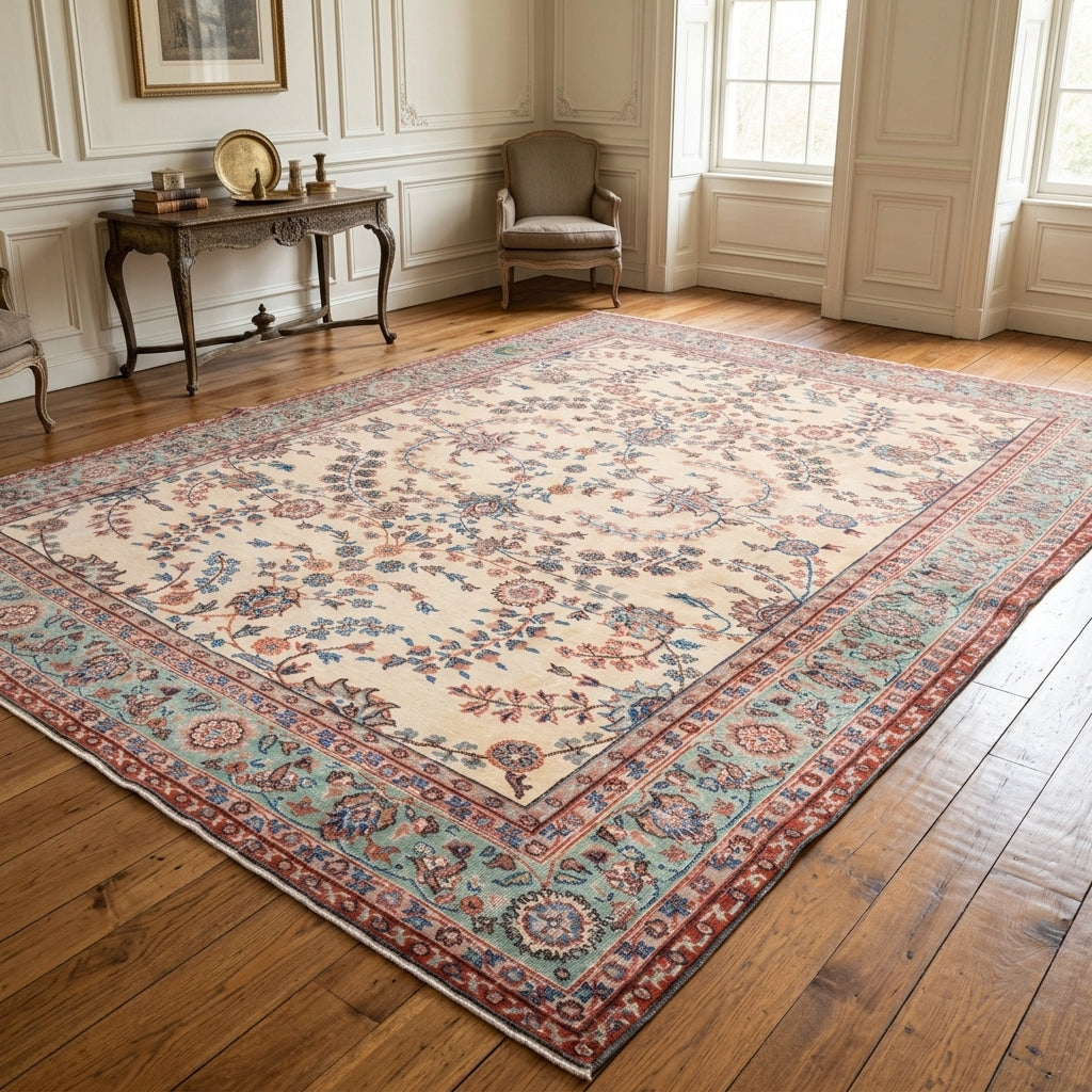 Bordered and floral pattern on the Adaisik vintage area rug – handmade in Anatolia, Turkey