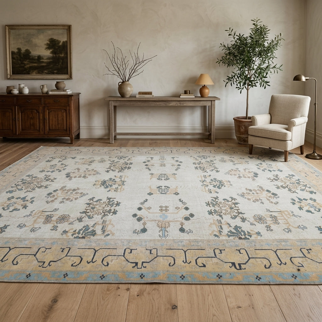 Bordered and floral pattern on the Adadeniz vintage area rug – handmade in Anatolia, Turkey