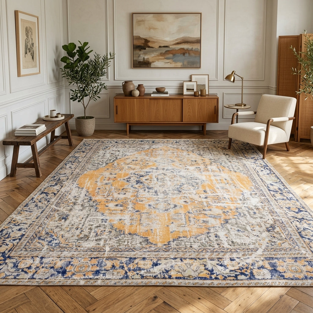 Oriental pattern on the Zumrutnur distressed vintage area rug – handmade in Anatolia, Turkey