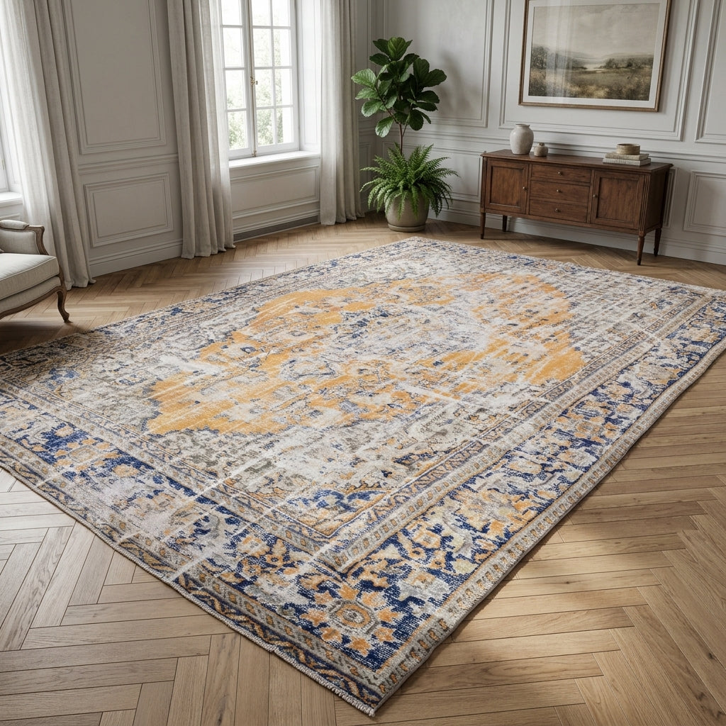 Oriental pattern on the Zumrutnur distressed vintage area rug – handmade in Anatolia, Turkey
