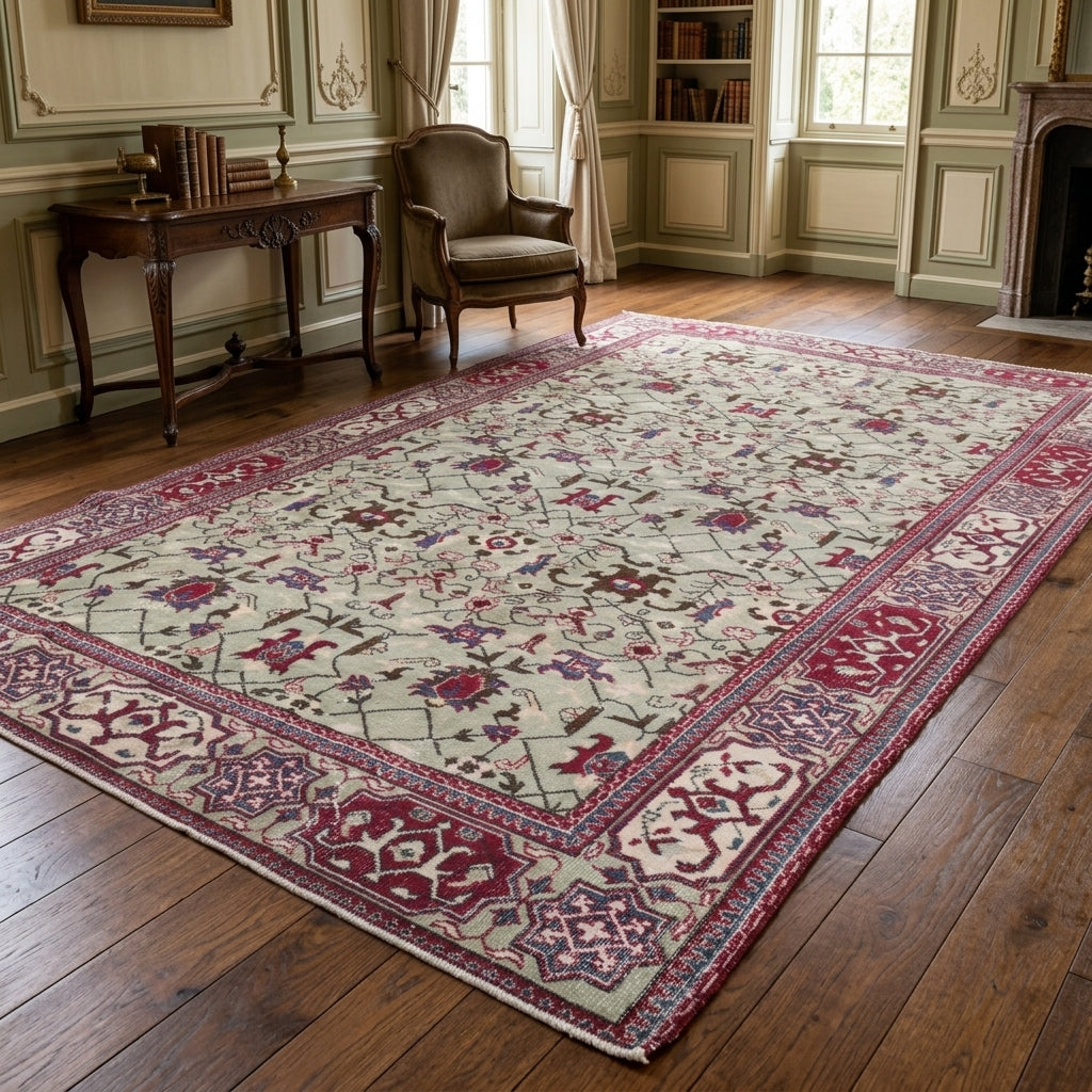 Floral and bordered pattern on the Zulalmelek vintage area rug – handmade in Hereke, Turkey