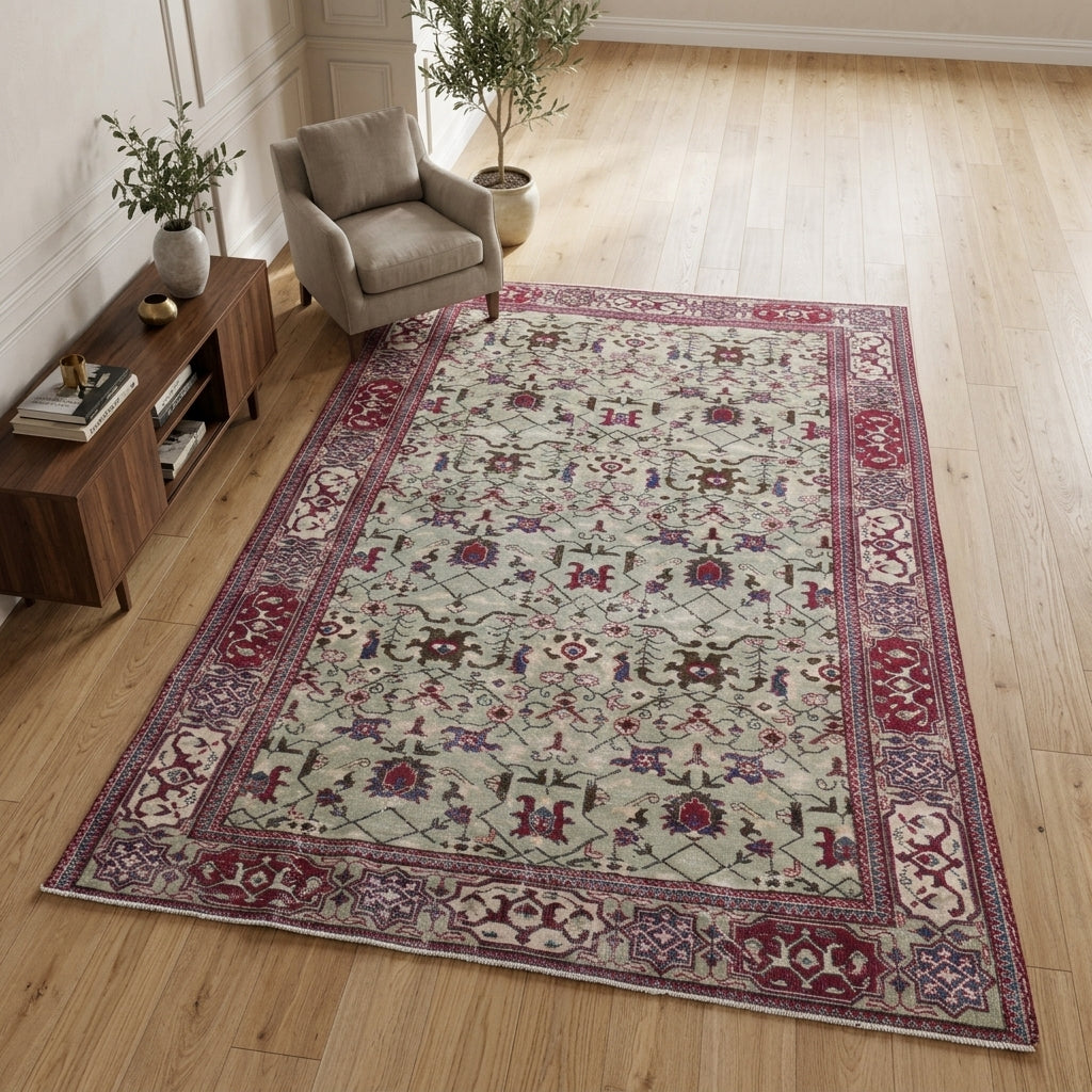 Floral and bordered pattern on the Zulalmelek vintage area rug – handmade in Hereke, Turkey