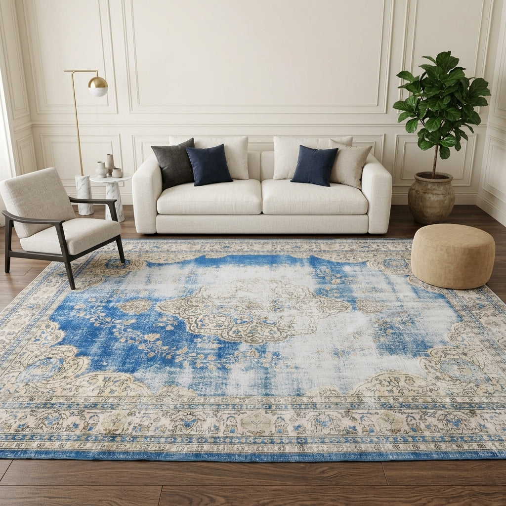 Oriental pattern on the Serefay distressed vintage area rug – handmade in Anatolia, Turkey