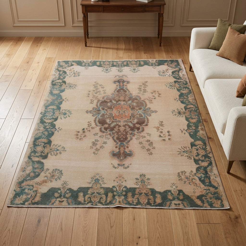 Medallion pattern on the Canruh vintage area rug – handmade in Anatolia, Turkey