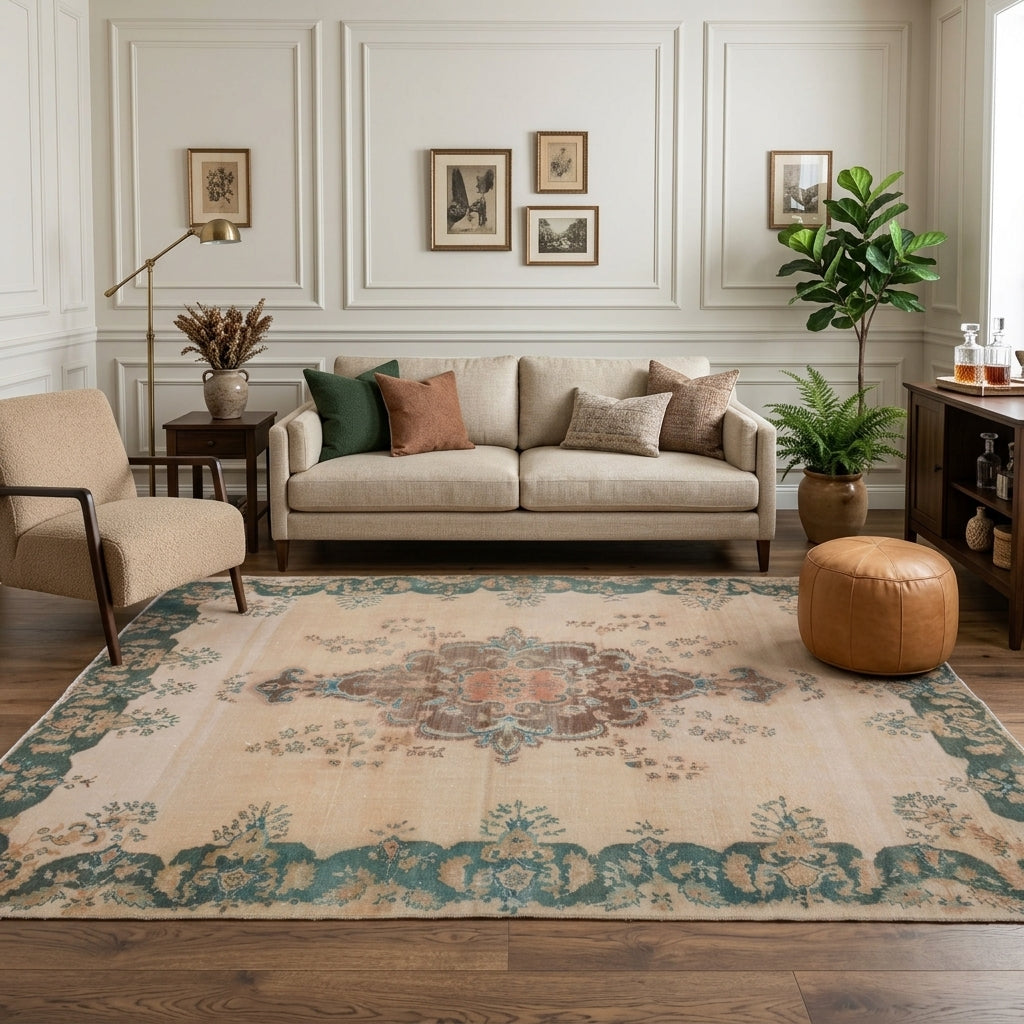 Medallion pattern on the Canruh vintage area rug – handmade in Anatolia, Turkey
