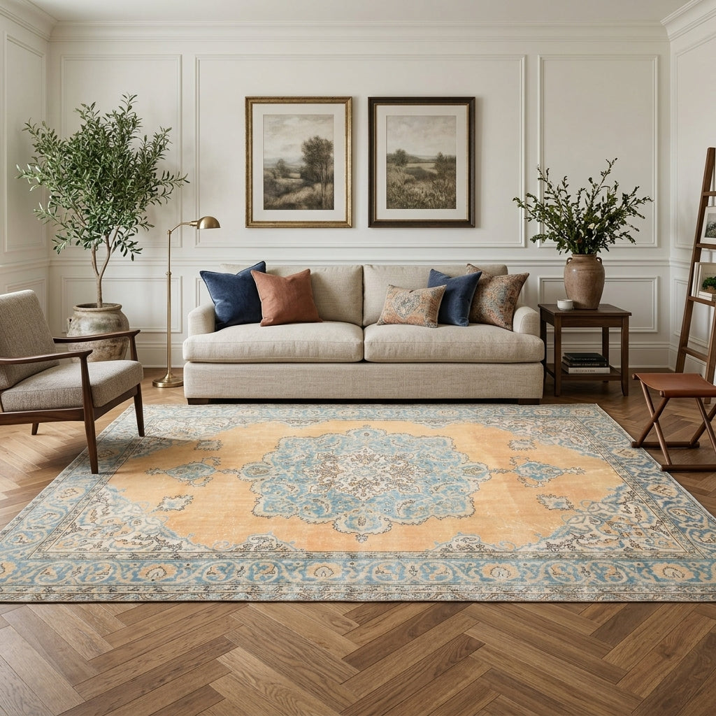 Oriental pattern on the Busetac vintage area rug – handmade in Anatolia, Turkey