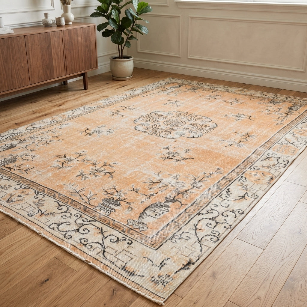 Oriental pattern on the Bedriyegul vintage area rug – handmade in Anatolia, Turkey