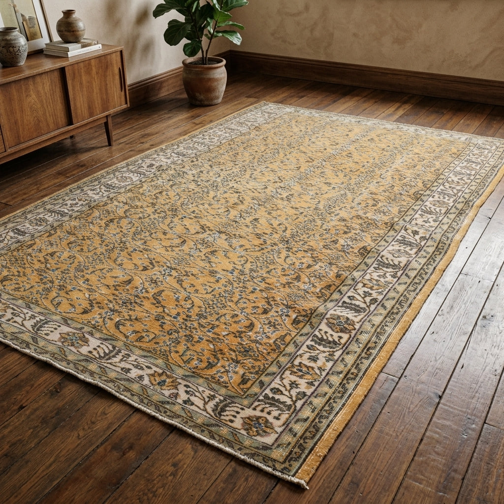 Bordered and floral pattern on the Bursa vintage area rug – handmade in Anatolia, Turkey