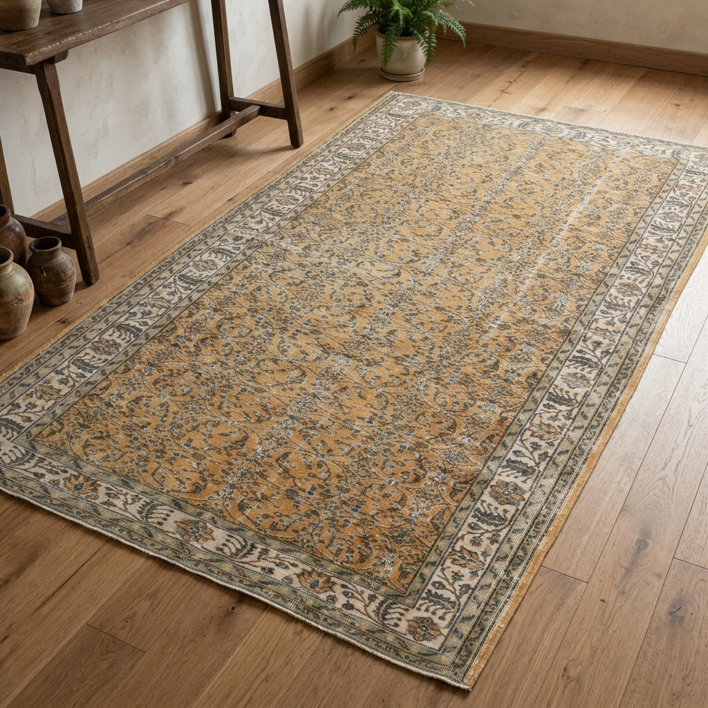 Bordered and floral pattern on the Bursa vintage area rug – handmade in Anatolia, Turkey