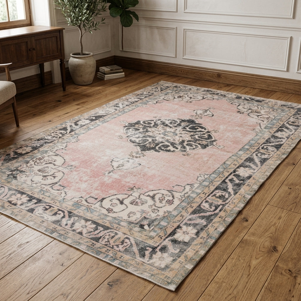Medallion pattern on the Zeytinbahce vintage area rug – handmade in Anatolia, Turkey