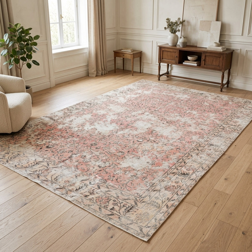 Floral pattern on the Zuhrenisin distressed vintage area rug – handmade in Anatolia, Turkey