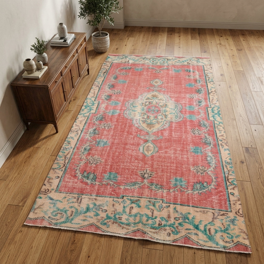 Aypezir red medallion vintage Anatolian area rug in a living room – 1970s hand-knotted wool rug, 5' x 9'4" (152x285 cm)