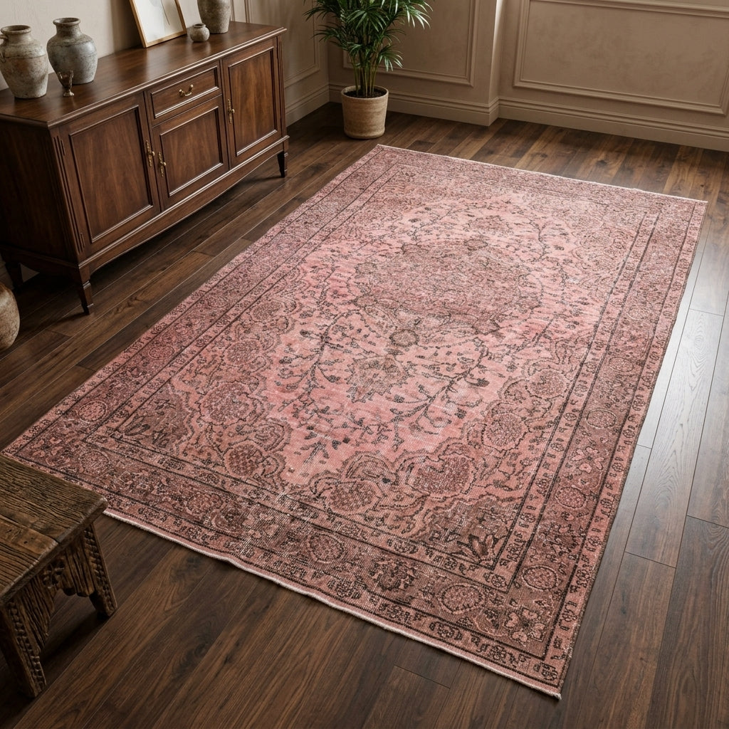 Oriental pattern on the Astraphile overdyed vintage area rug – handmade in the Persian region