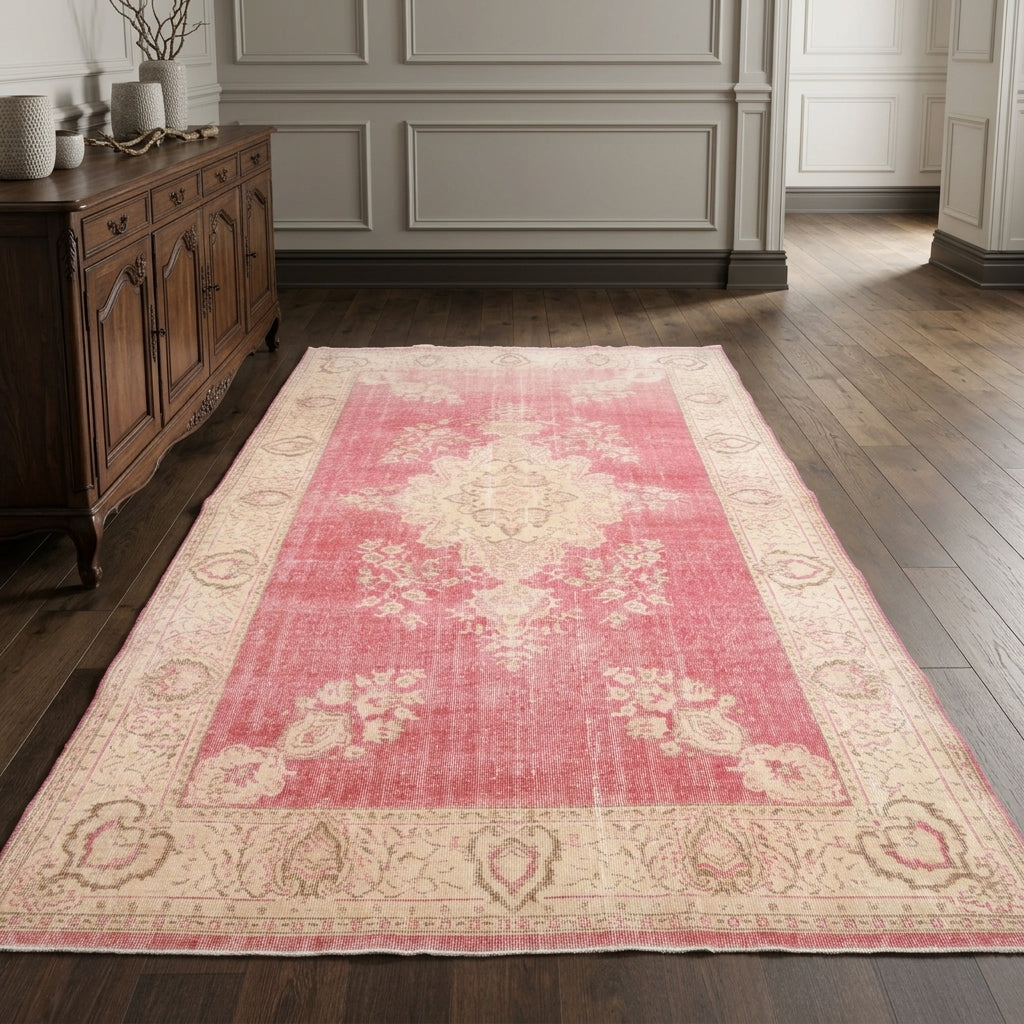 Bordered and oriental pattern on the Aristochoria vintage area rug – handmade in Anatolia, Turkey