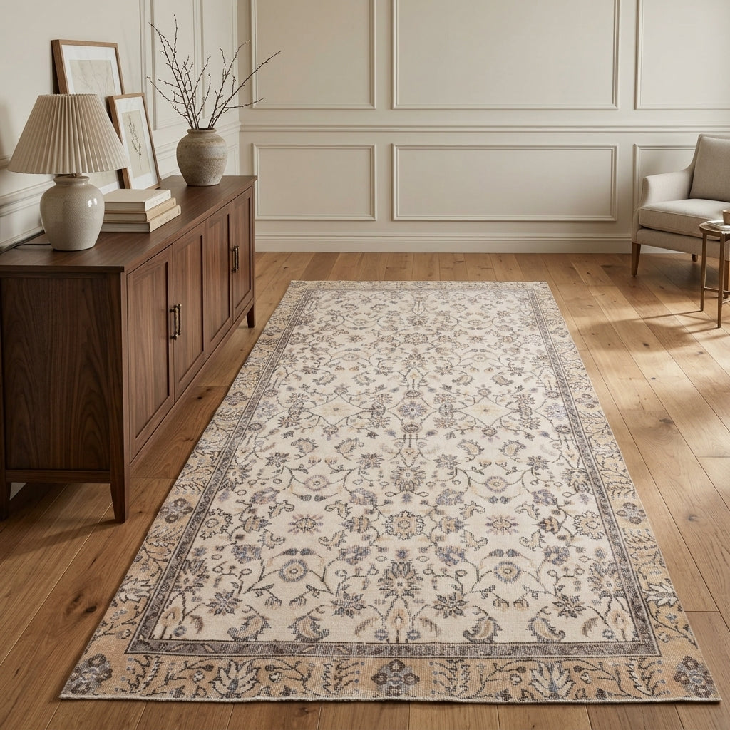 Bordered and floral pattern on the Anthopeia vintage area rug – handmade in Anatolia, Turkey
