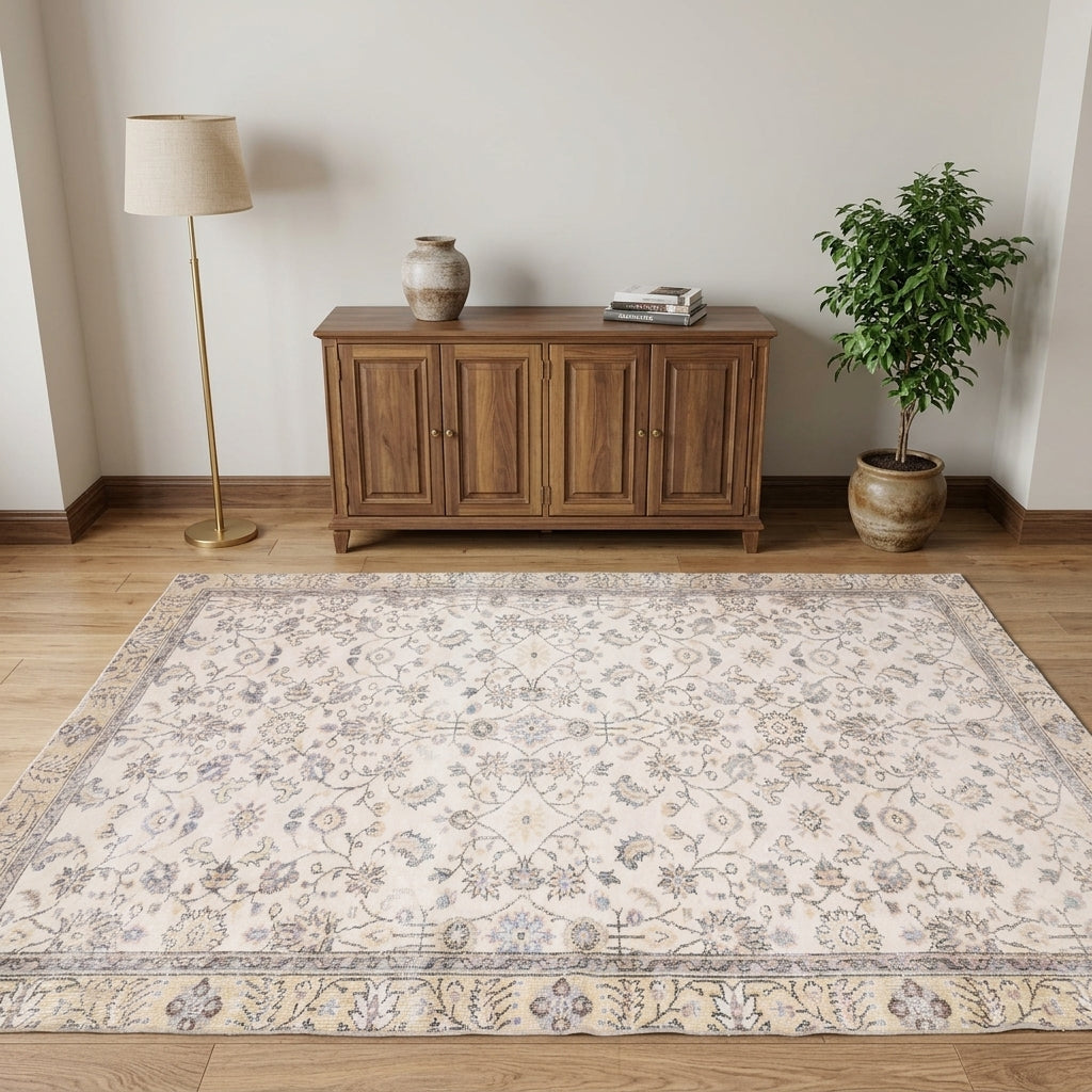 Bordered and floral pattern on the Anthopeia vintage area rug – handmade in Anatolia, Turkey