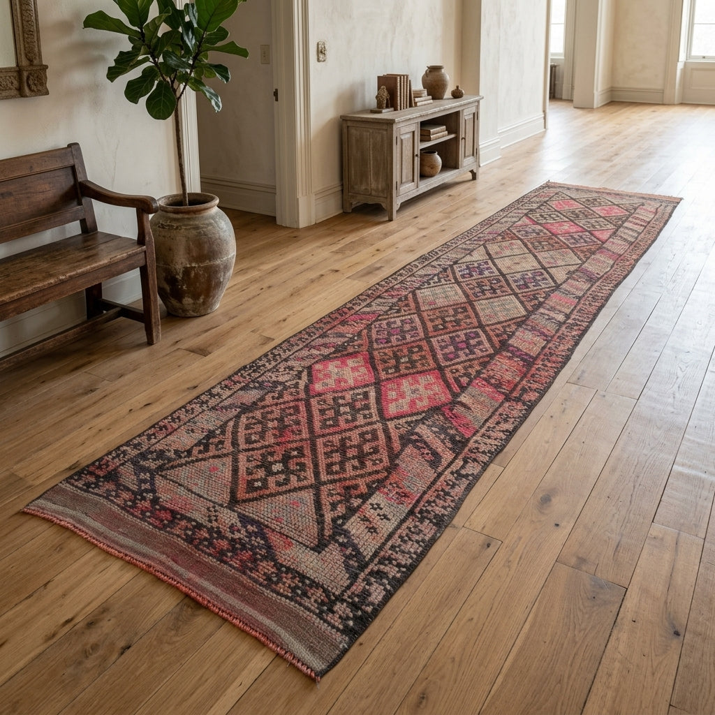 Geometric pattern on the Alevter vintage runner rug – handmade in Anatolia, Turkey