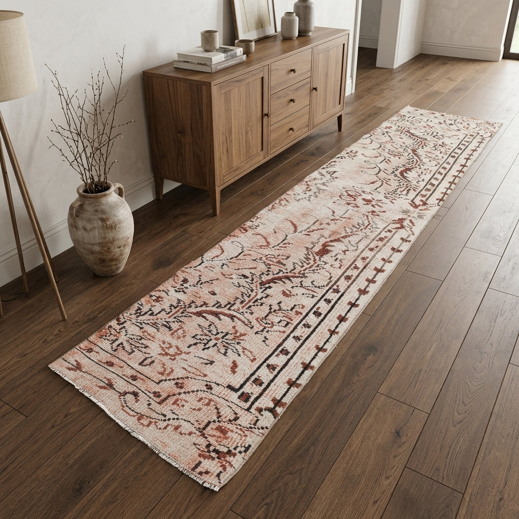 Floral pattern on the Yaprakmelek vintage runner rug – handmade in Anatolia, Turkey