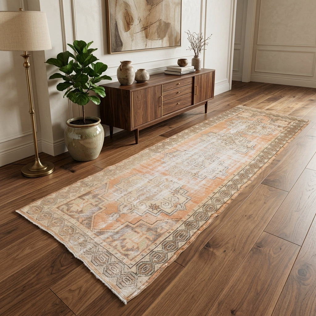 Oriental pattern on the Yaprakdil antique washed vintage runner rug – handmade in Anatolia, Turkey