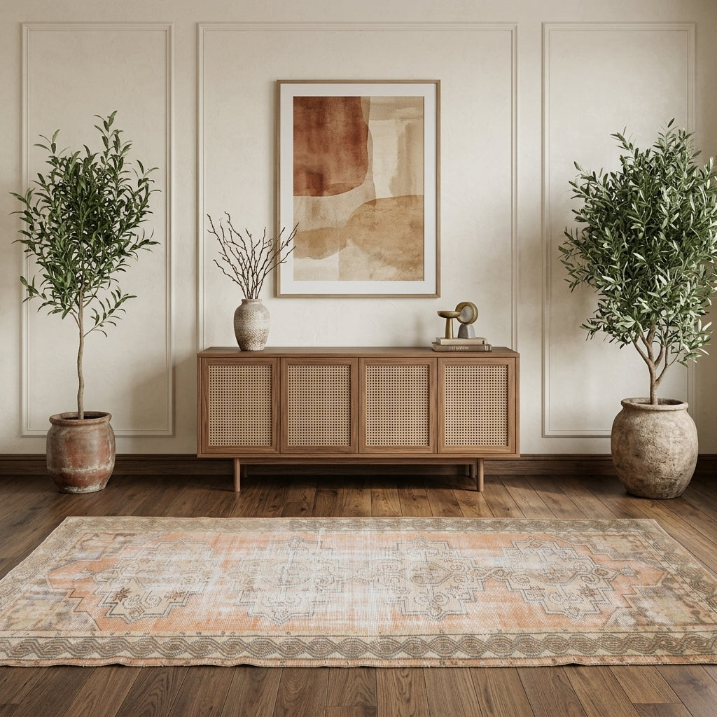 Oriental pattern on the Yaprakdil antique washed vintage runner rug – handmade in Anatolia, Turkey