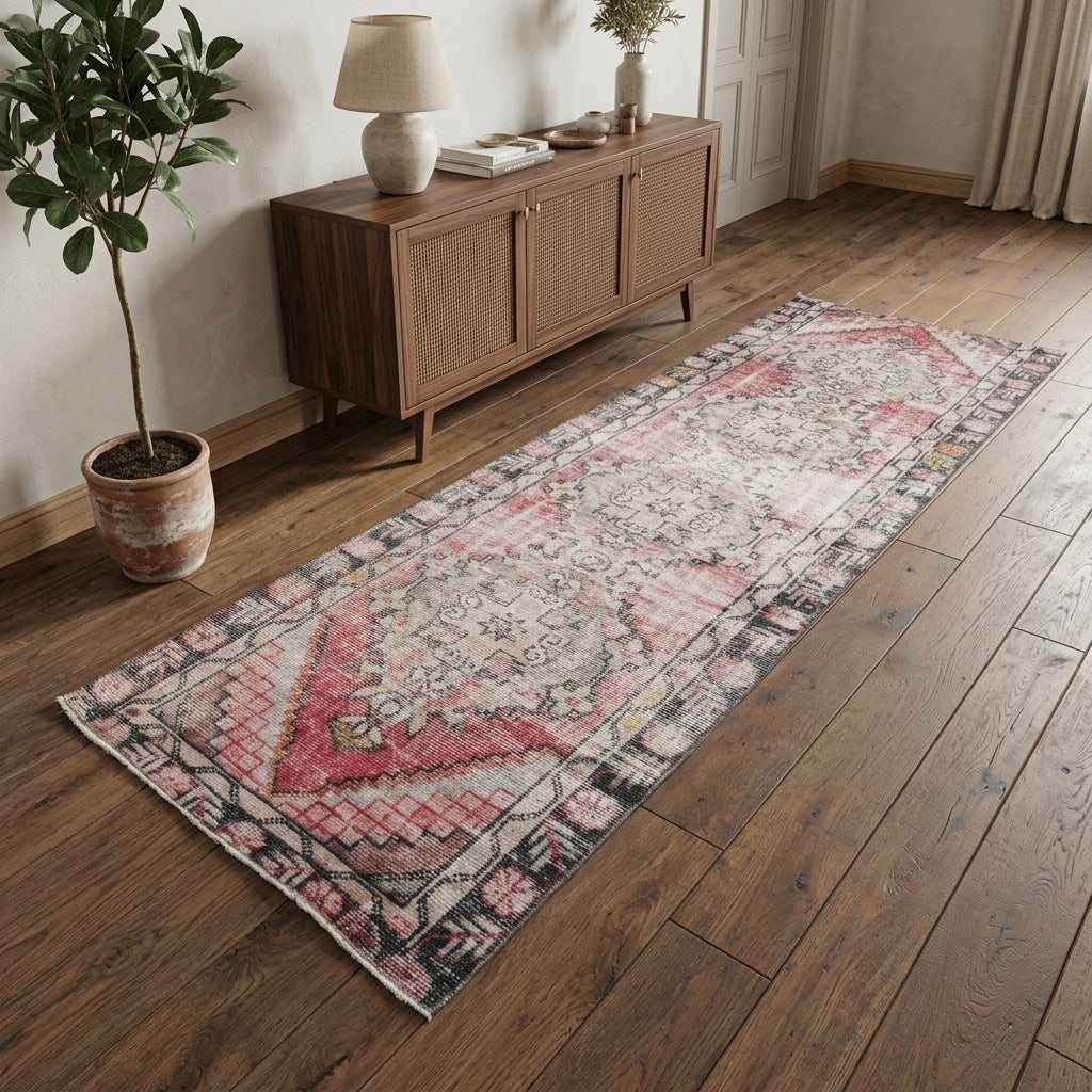 Oriental pattern on the Yakutsever distressed vintage runner rug – handmade in Anatolia, Turkey