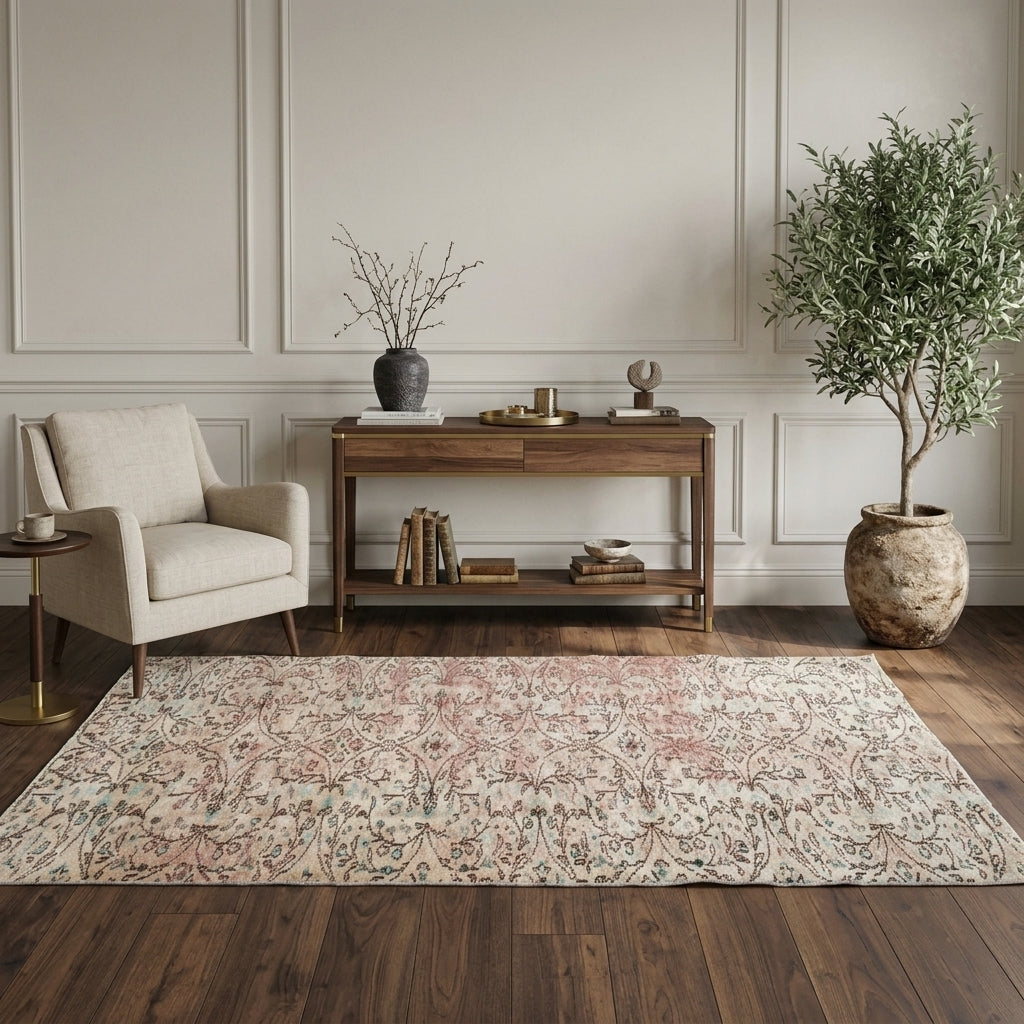 Floral pattern on the Theopeia overdyed vintage area rug – handmade in Anatolia, Turkey