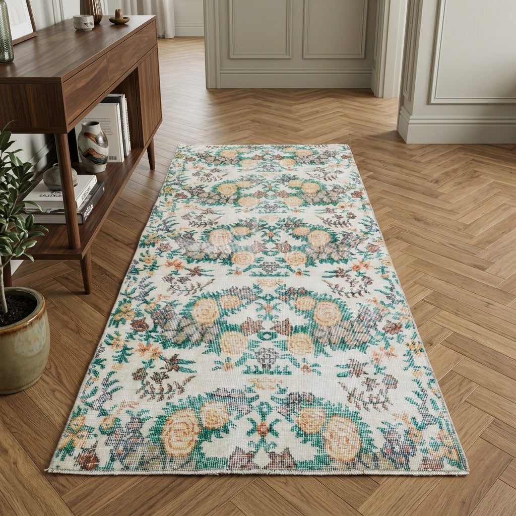 Floral pattern on the Taraneh vintage area rug – handmade in Anatolia, Turkey