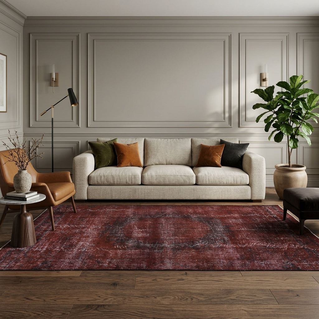 Oriental pattern on the Sunur overdyed vintage area rug – handmade in Anatolia, Turkey