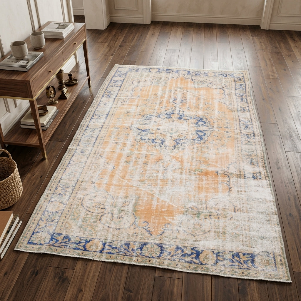 Oriental pattern on the Sevyar distressed vintage area rug – handmade in Anatolia, Turkey