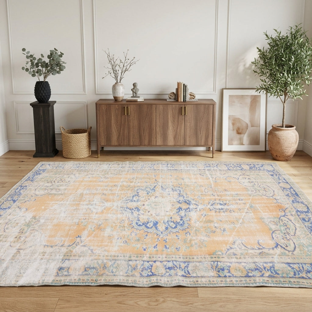 Oriental pattern on the Sevyar distressed vintage area rug – handmade in Anatolia, Turkey